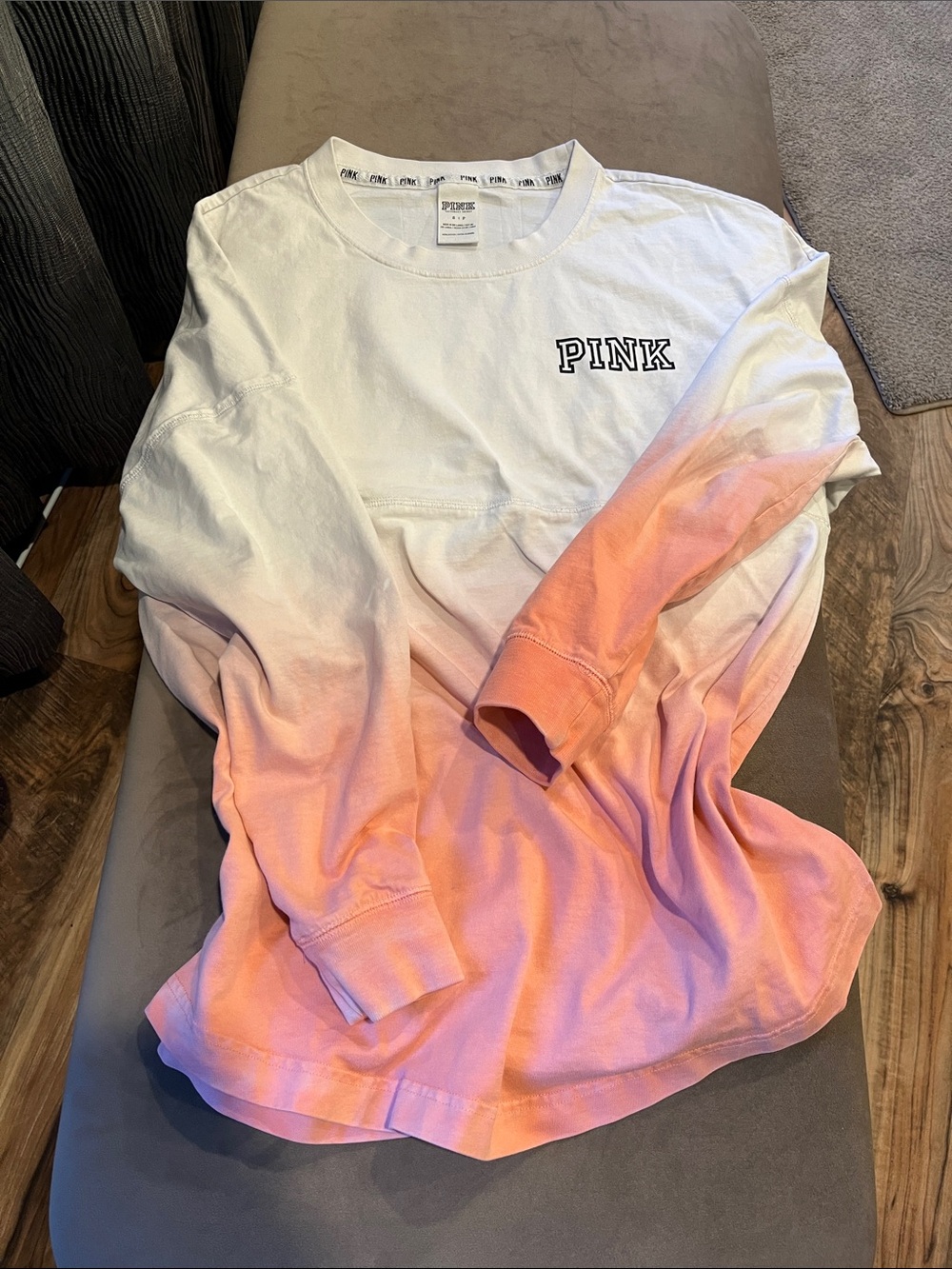 PINK Victoria's Secret White Varsity Crewneck Tee with Logo Trim